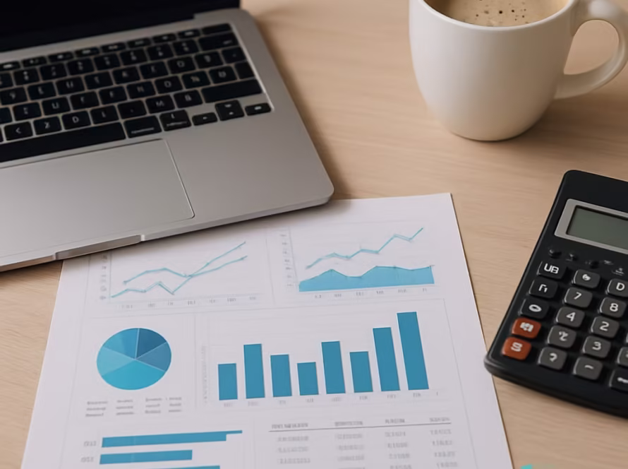 Birou modern cu laptop, rapoarte financiare tipărite, calculator şi cană de cafea, lumină naturală.