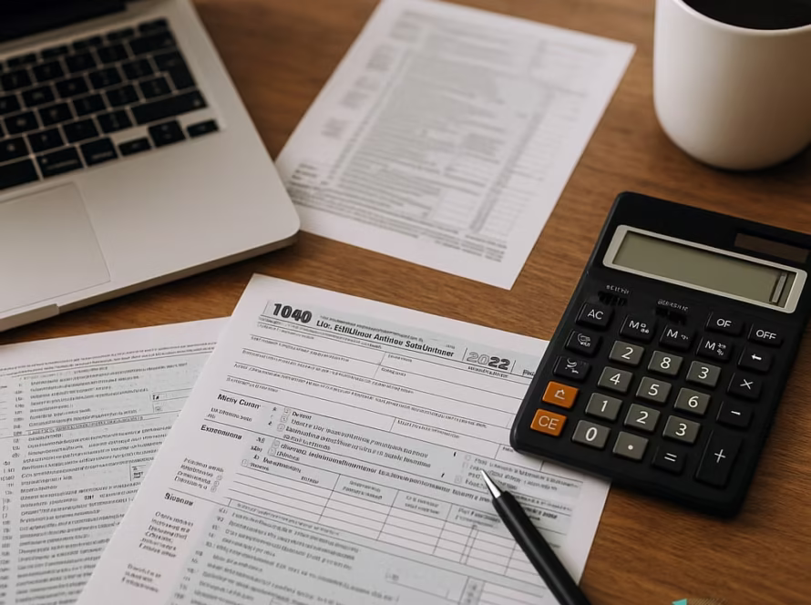 Birou cu documente fiscale tipărite, laptop, calculator și ceașcă de cafea, fără persoane, stil realist.