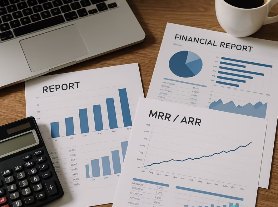 Documente financiare cu grafice MRR/ARR, laptop, calculator și ceașcă de cafea pe birou