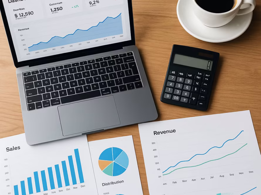 Birou cu laptop, grafice financiare tipărite și calculator, potrivit pentru forecast financiar SaaS.