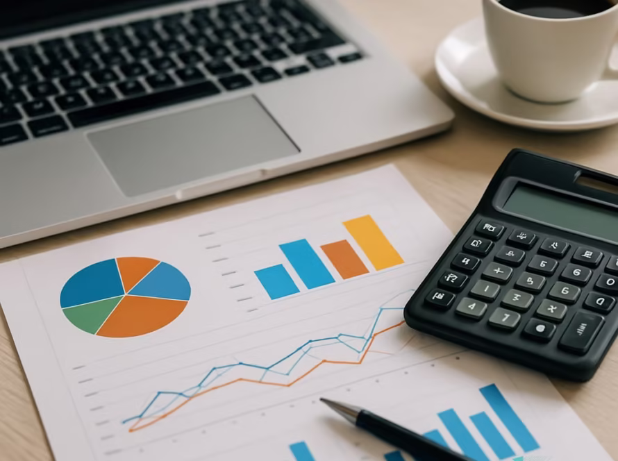 Birou modern cu laptop, grafice financiare tipărite, calculator și ceașcă de cafea, iluminare naturală.