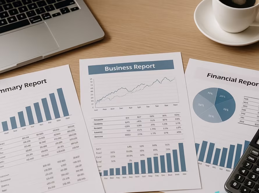Documente financiare tipărite, laptop și calculator pe birou, lumină naturală, fără persoane.