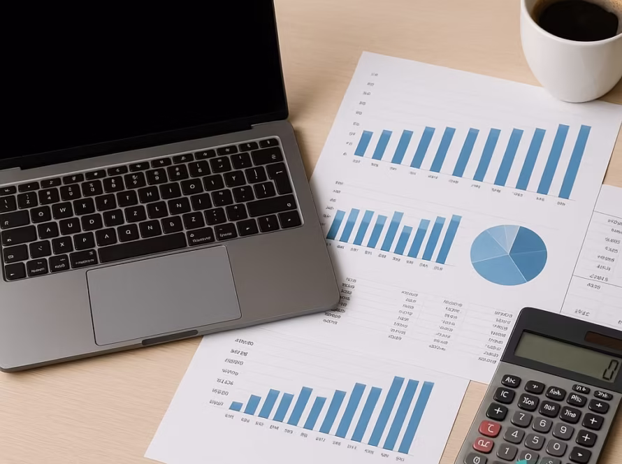 Birou cu laptop, documente financiare tipărite, calculator și cană de cafea, iluminare naturală, stil realist.
