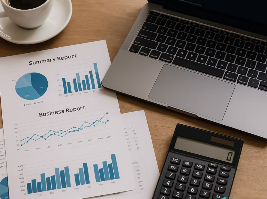 Birou cu rapoarte financiare tipărite, laptop cu cod, calculator și cană de cafea, lumină naturală.