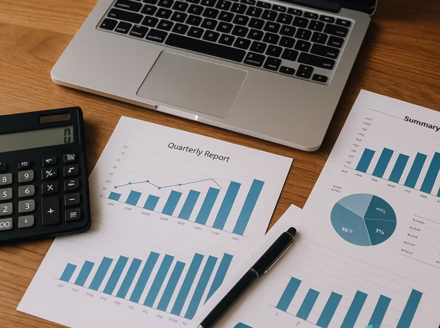 Birou cu laptop, rapoarte financiare tipărite, calculator și pix, stil profesional, fără persoane.