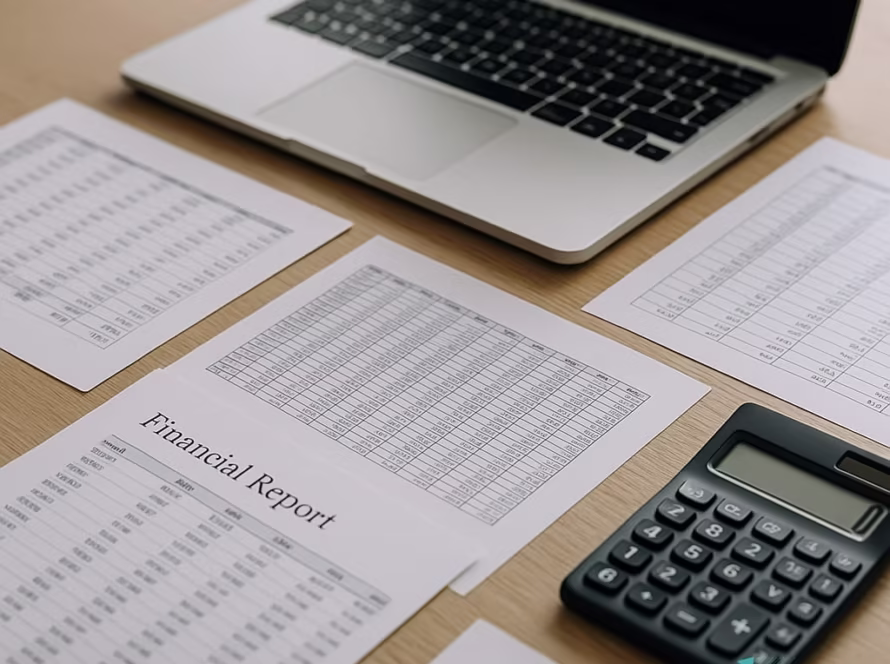 Birou modern cu documente financiare, laptop, tabele tipărite și calculator, lumină naturală, vedere de sus.