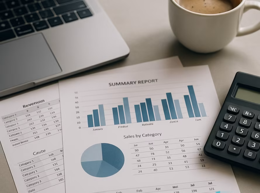 Birou modern cu documente financiare tipărite, laptop, calculator și o ceașcă de cafea, vedere de sus.