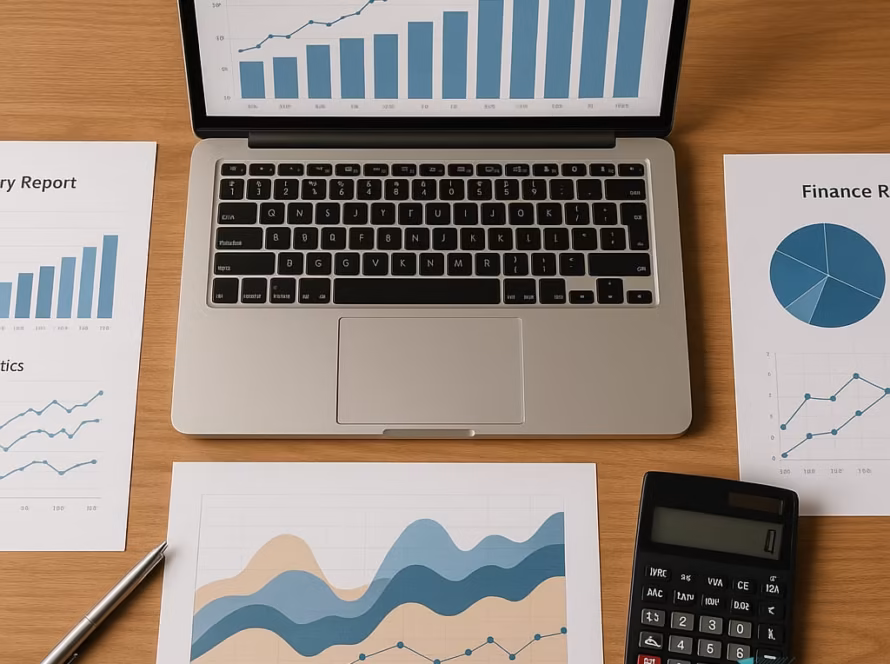 Birou modern cu laptop, rapoarte financiare tipărite, calculator și grafice de cash flow, fără persoane vizibile.