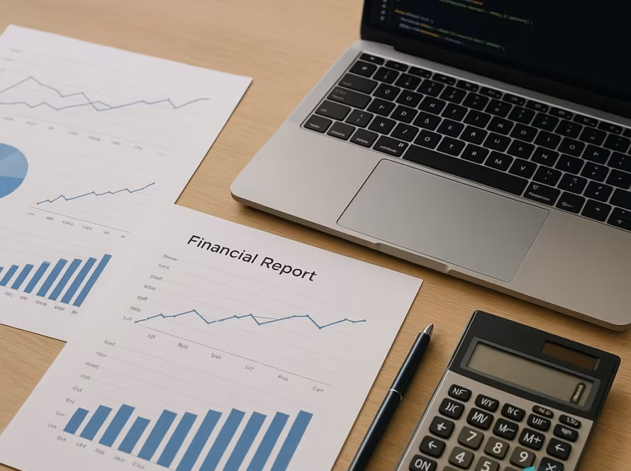 Birou cu laptop, rapoarte financiare tipărite, calculator și pix, fără persoane, tematică IT și contabilitate.