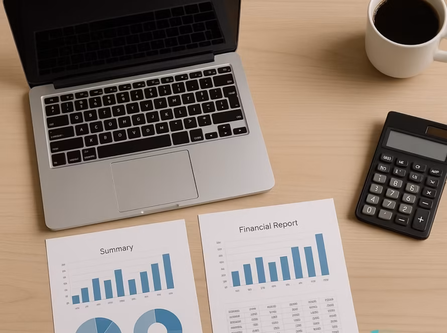 Birou cu laptop, rapoarte financiare tipărite, calculator și ceașcă de cafea, stil clar și profesional.