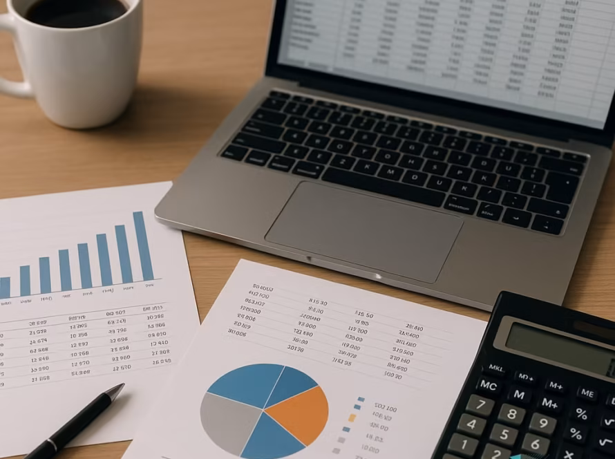 Birou cu laptop, rapoarte financiare tipărite, calculator, pix și cană de cafea, toate într-un cadru ordonat.