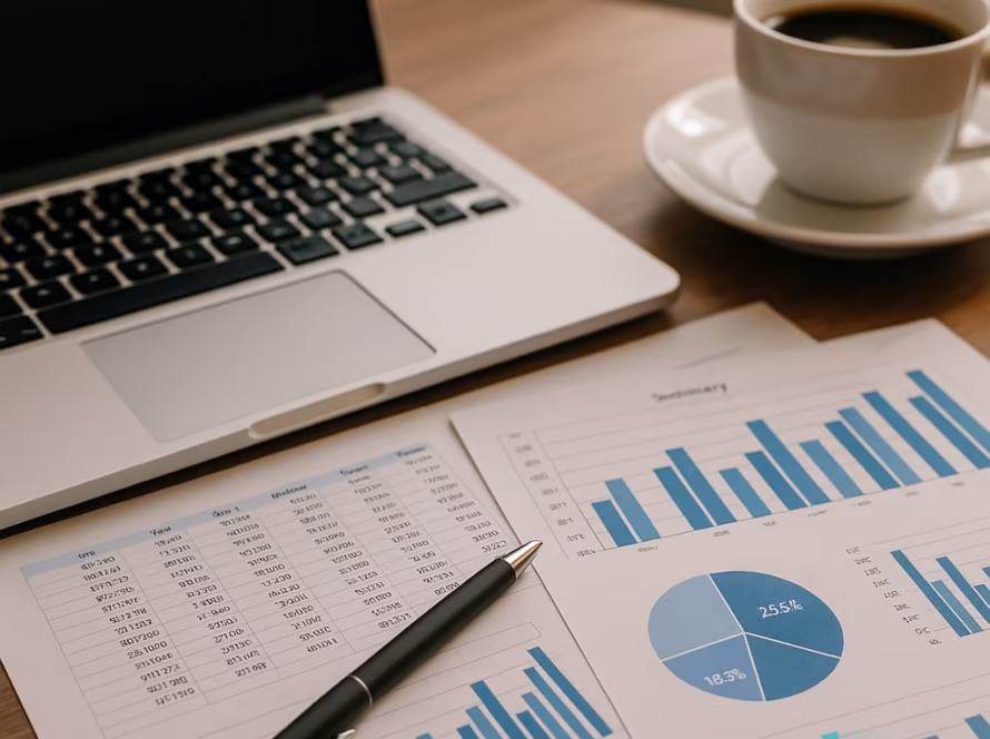 Birou cu laptop, foi financiare tipărite, grafice, pix și cană de cafea, lumină naturală, fără persoane.